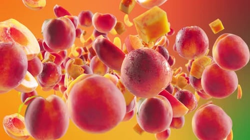 Dynamic Falling Peaches with Water Droplets
