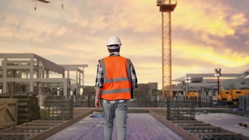 Asian Male Holding Tablet While Walking at Construction Site