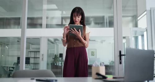 Thinking, creative and woman on tablet in office for story ideas, article review and feedback