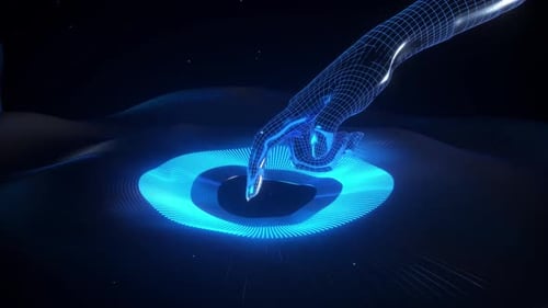 Futuristic Digital Hand Interacting with Glowing Ripples