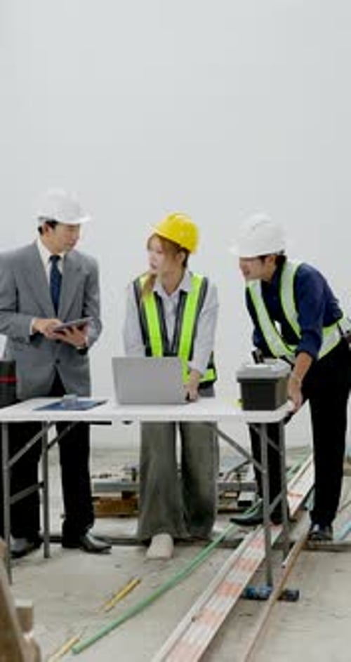 Asian professional construction team gathers around laptop and blueprint table, discussing project