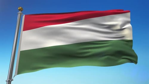 Hungary National Flag Waving in Blue Sky
