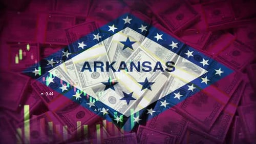 Arkansas State Flag with Financial Data and US Dollar Bills