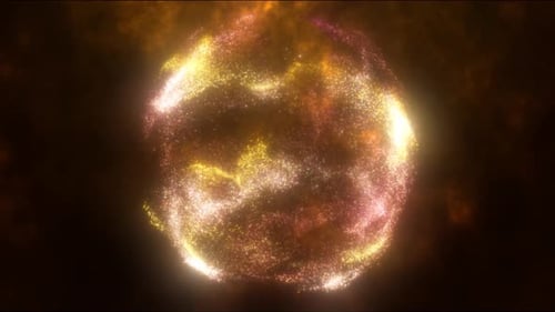 Abstract sphere ball of yellow glowing bright flying energy particles and dots. Video 4k, 60 fps