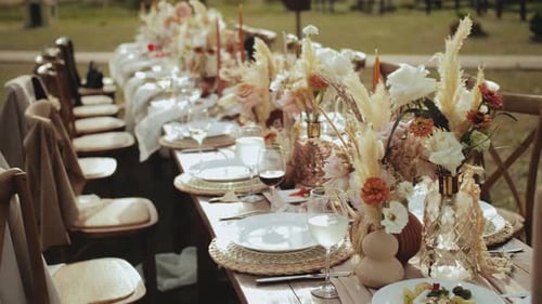 Elegant Table Setting with Tableware Flowers and Glasses at a Function Hall Wedding Day