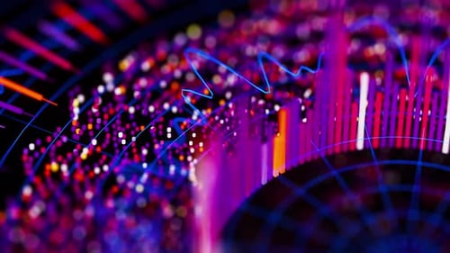 Nahaufnahme der komplexen Animation mit runden Graphen aus dem Quantencomputeruniversum Cyber Space of AI