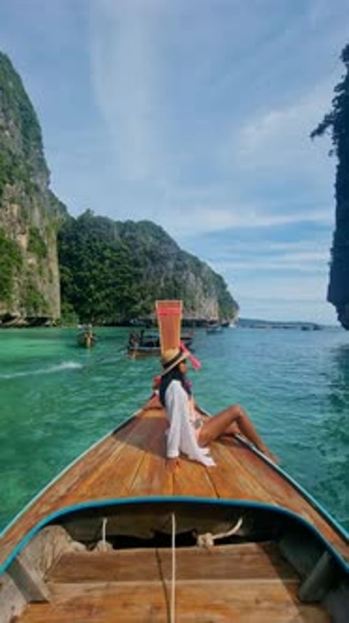 Longtail Boats at Pileh Lagoon Koh Phi Phi Maya Bay Thailand the Turquoise Colored Ocean