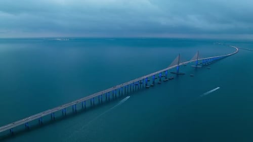 Sunshine Skyway Bridge Aerial Hyperlapse on a cloudy morning