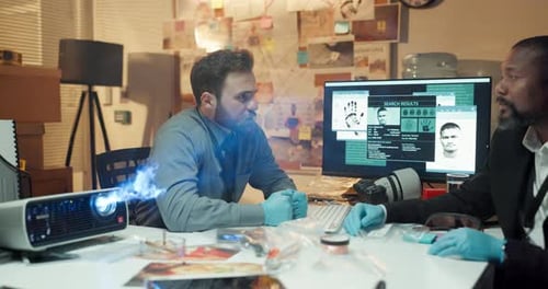 Talking, detective and men with evidence, office or partnership for criminal investigation and info