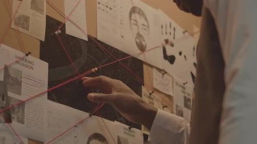 Man Examining Crime Board Connected by Strings