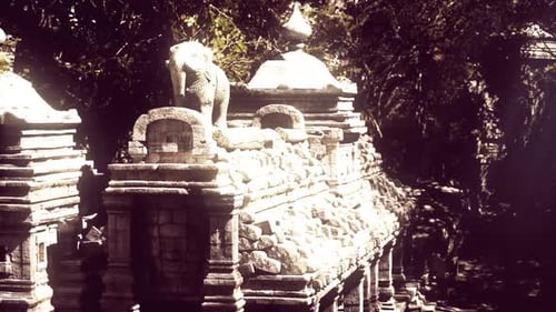 Ancient Stone Temples with Elephant Sculptures in Cambodias Jungle
