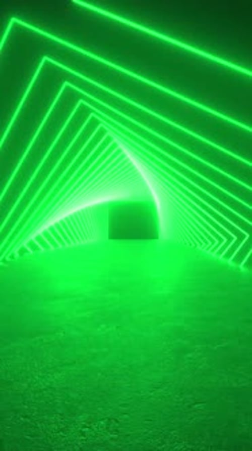 A futuristic sci-fi tunnel filled with green neon lights glowing on concrete walls and floor.