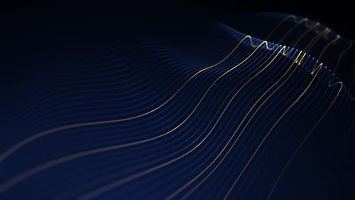 Navy blue background with golden wavy threads. Angled view. Royal blue with liquid yellow shiny line
