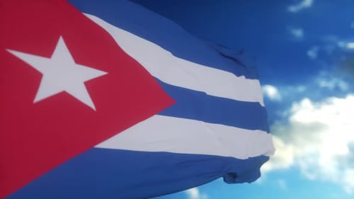 Cuban Flag Waving with Clouds in Blue Sky