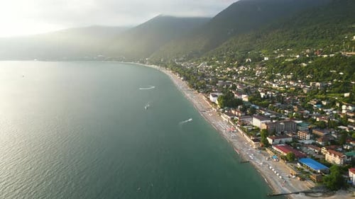 Aerial View of a Beautiful Seascape Overlooking the Black Sea Beach Coast in Abkhazia in the City of