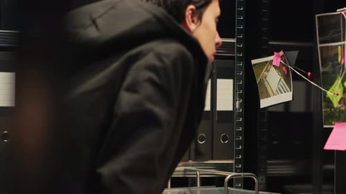 Woman Looks at Evidence Board in Dark Office