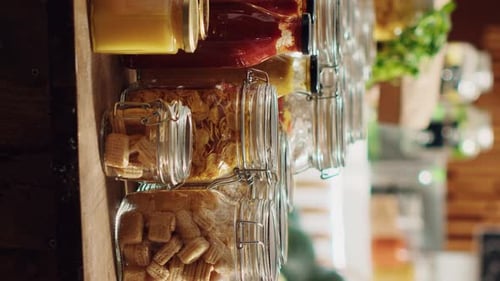 Organized Food Display with Jars and Bottles