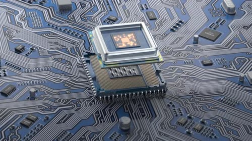 CPU Computer Processor on Circuit Board Data Processing and AI Artificial Intelligence 3d Animation
