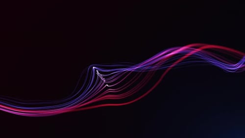 Neon red and blue digital lines with flowing energy waves and futuristic motion on dark background