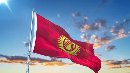 Realistic Kyrgyzstan National Flag Waving Animation Against Blue Sky