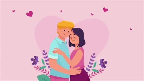 Flat Design Animated Couple Embracing with Hearts