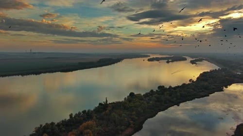 Birds and Beautiful Sunset Above Danube