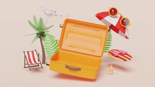 3D Animated Suitcase Opening with Floating Travel Vacation Elements