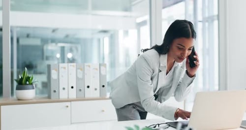 Phone call, laptop and business woman in office for planning, discussion and communication