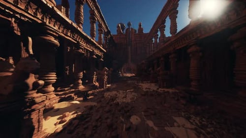 Urban Explorer Traverses Ruins Shaded By Stone Pillars and Sculptures