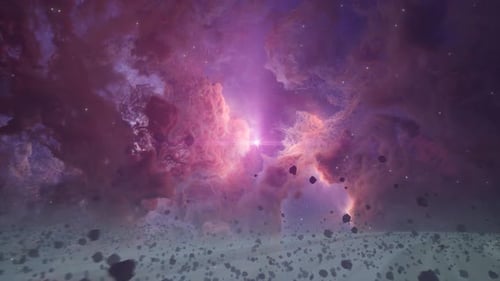 Cinematic Flight Through Purple Nebula Past Ringed Planet
