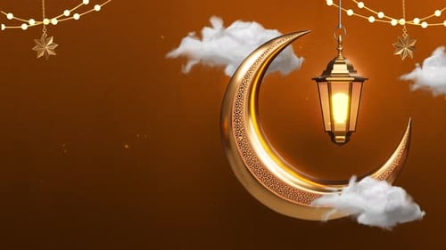Festive Golden Crescent Moon and Lantern Celebration
