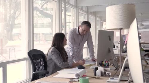 Two Colleagues Discussing Work in Office Adult