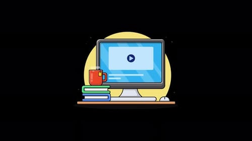 Animated Online Learning Setup with Computer, Books, and Coffee