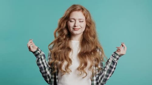 Tranquil Woman Relaxing Meditating Refuses Stress Ginger Lady Breathes Deeply Calms Down Blue Studio
