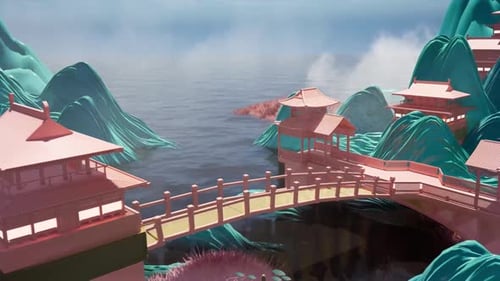 Beautiful hand drawn animation of river with wooden bridge