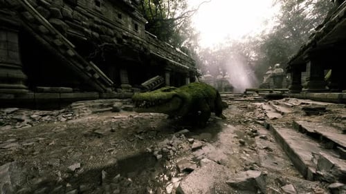 Un crocodile se repose parmi d'anciennes ruines avec la lumière du soleil filtrant à travers les arbres
