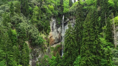 Magical Nature Landscape Waterfall in Mountain Green Forest at Summer Season Beautiful Aerial View