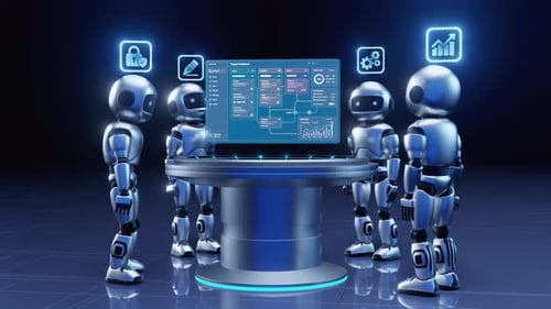 3D AI Robot Team Collaborating Around Holographic Project Dashboard with Analytics on Dark