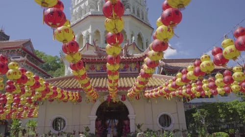 Beautiful Chinese new year decoration in Kek Lok Si temple, dolly push