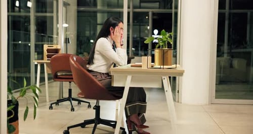 Business woman, headache and night with stress on laptop for overtime or project deadline at office