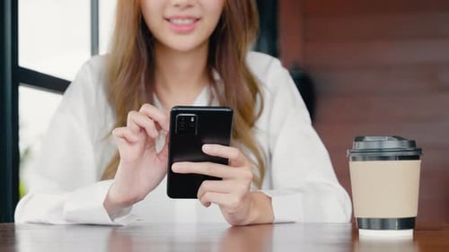 Happy Female Lifestyle Sitting in Cafe Near Window She Cellphone on Mobile Phone