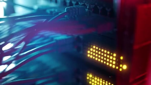 Futuristic HighSpeed Data Center Network Connections Fiber Optic and Ethernet Cables Server Rack