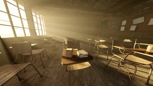 Abandoned Old Classroom with Sunlight Rays Animated Flythrough