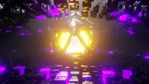 3D Render of Glowing Sphere in Wireframe Hexagon Spinning Amidst Cubes