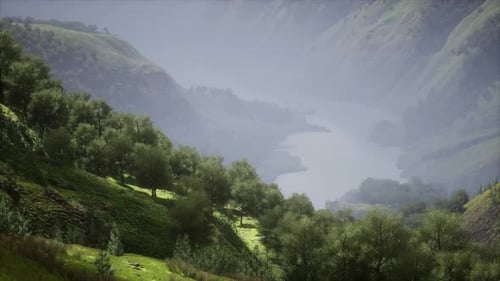 Scenic Countryside Landscape with Green Summer Mountain Valley and Forests