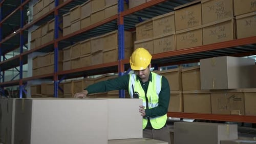 Blue collar workers are working at warehouse.