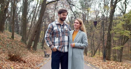 Portrait Beautiful Bearded Young Man Hugging Charming Cute Blonde Woman Standing in Cozy Autumn Park