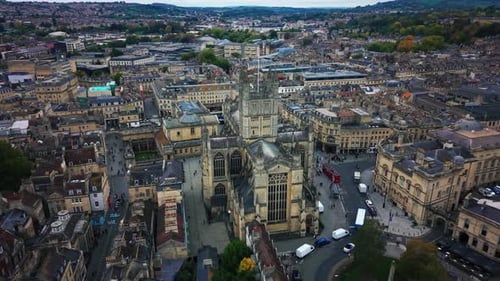 Aerial drone view of Bath Abbey and Roman Baths in Bath England