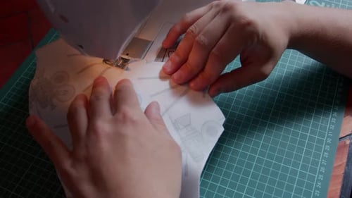 Close Up Sewing Fabric with Sewing Machine