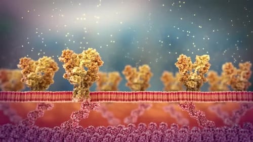 Viral particles infecting cell membrane in detailed scientific illustration